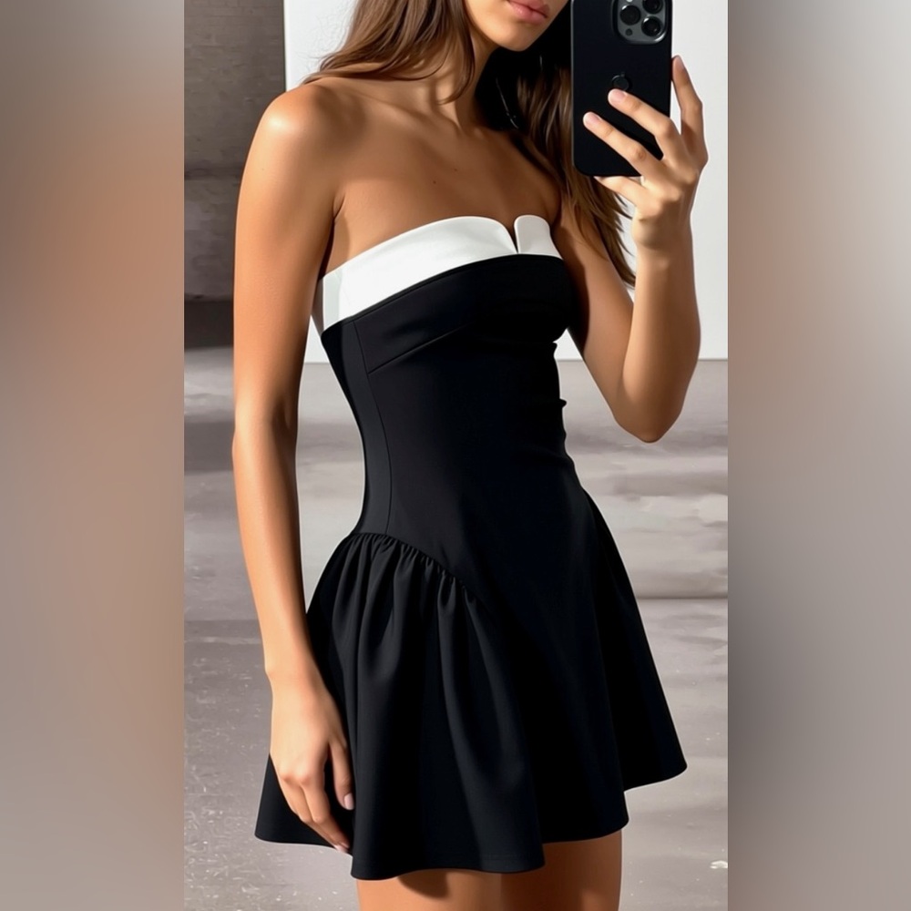 Chic Babydoll Strapless Black and White Mini flare Dress off-shoulder